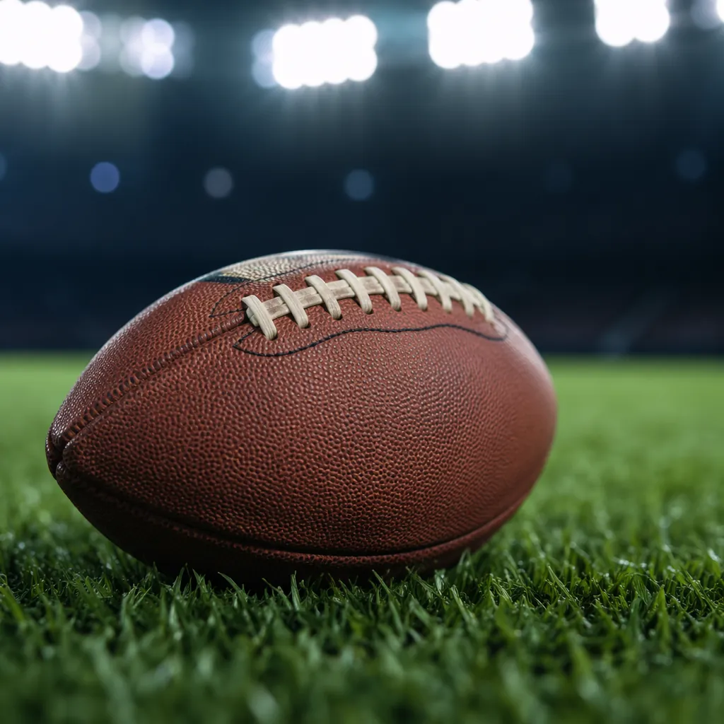 Close up shot of a leather football on well-maintained green grass pitch, stadiu
