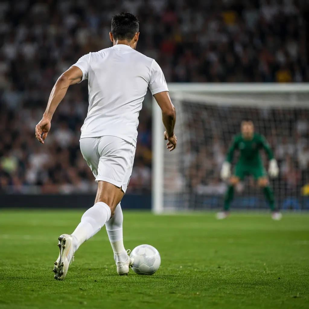 Dynamic action shot of a generic professional football striker running towards t
