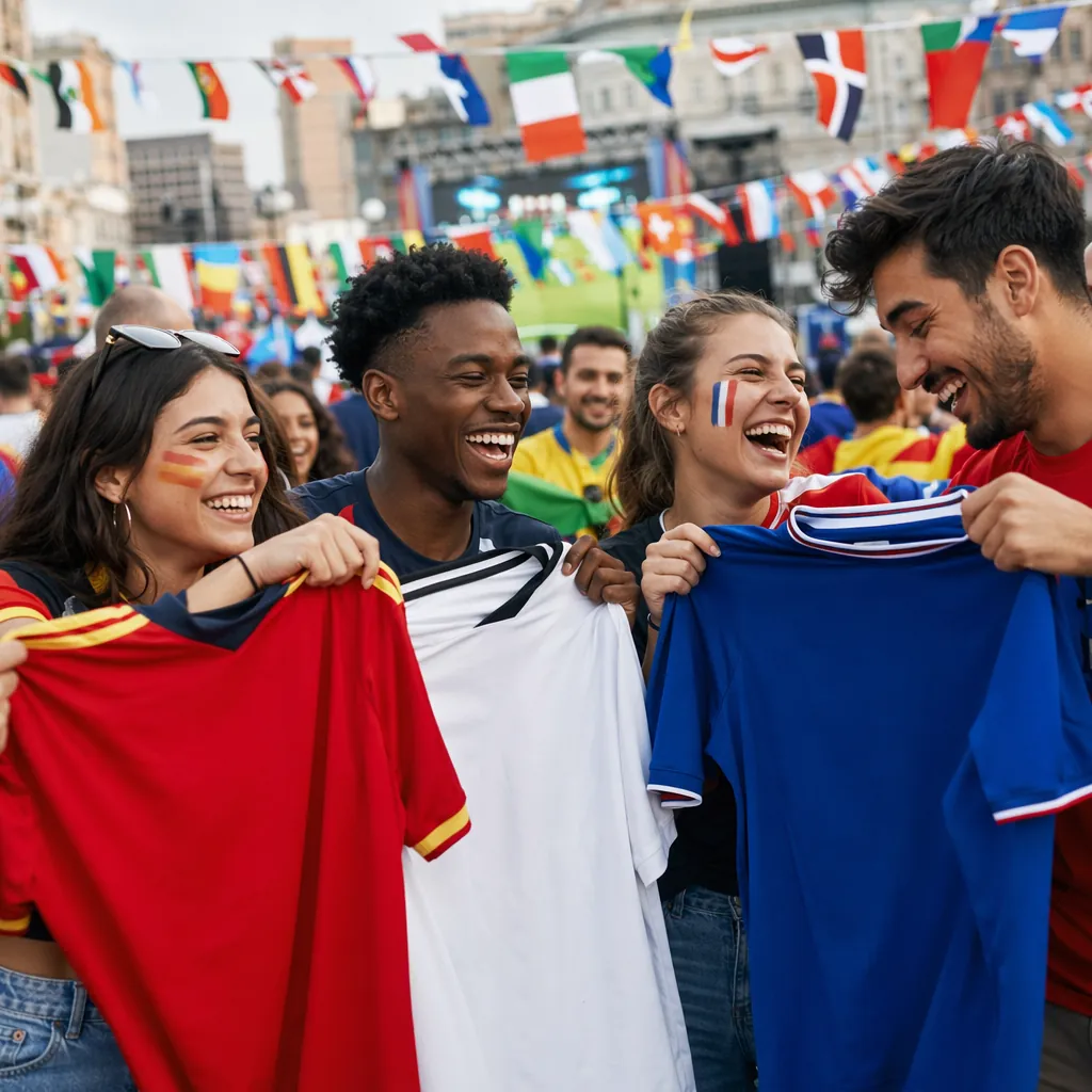 Candid shot of diverse young football fans laughing and holding generic football