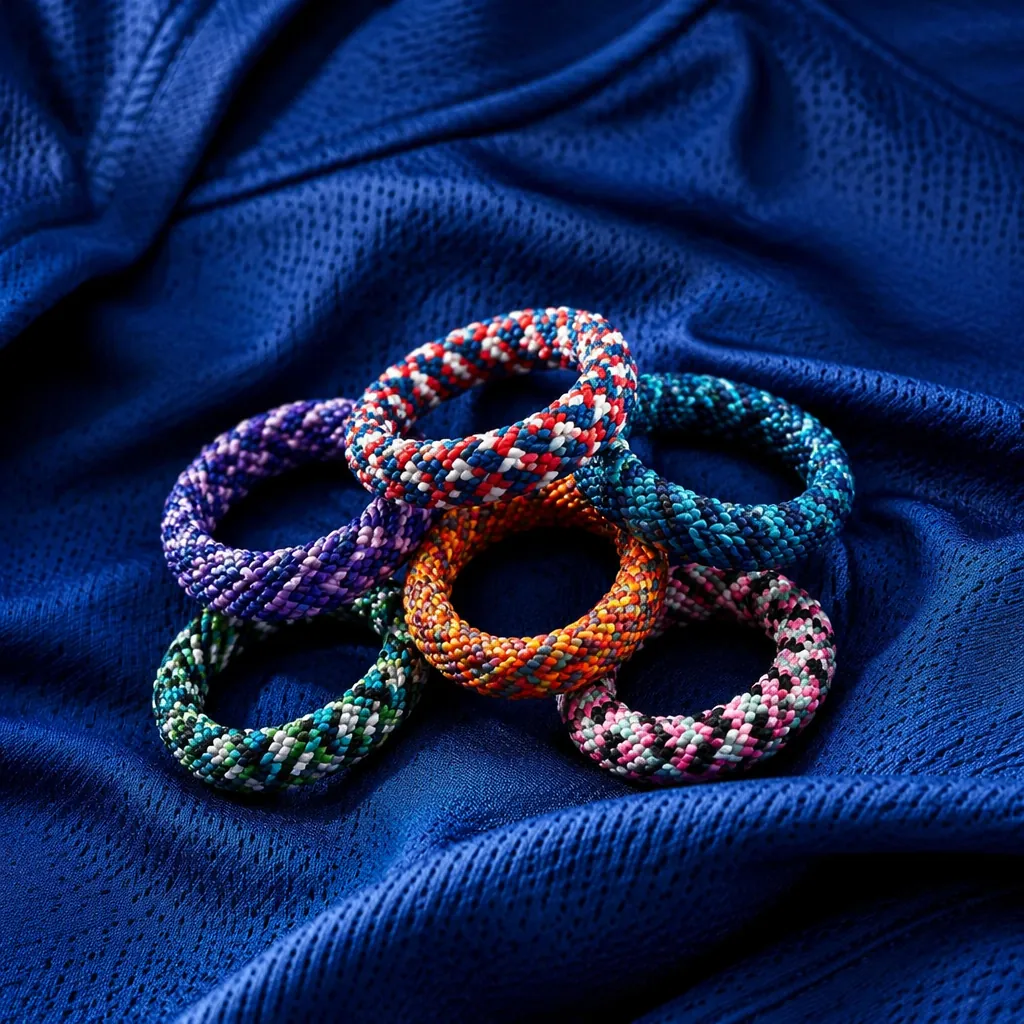 Close up of handwoven colorful hair ties placed on a plain football jersey, soft