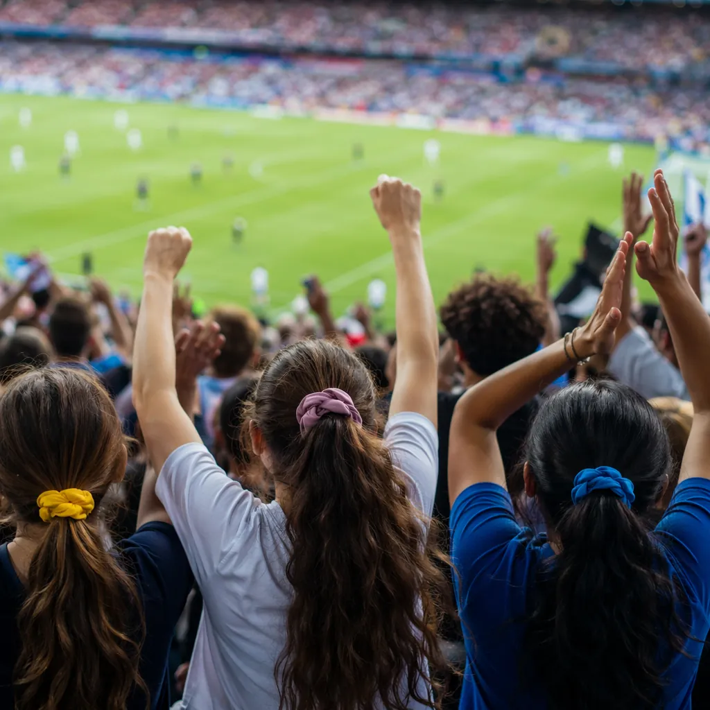 Wide shot of football fans in stadium stands wearing colorful hair ties, cheerin