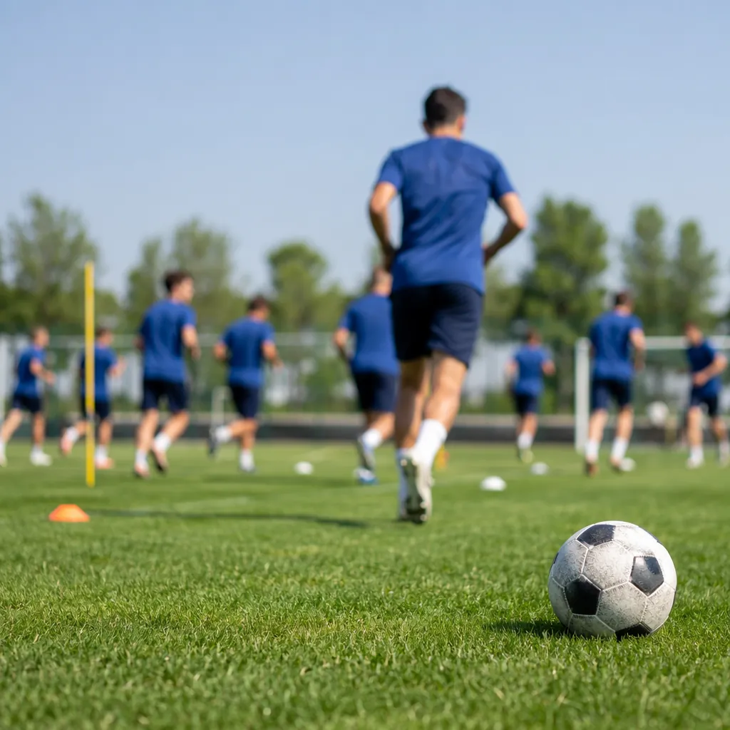 Generic football training ground with blurred players in unbranded jerseys doing