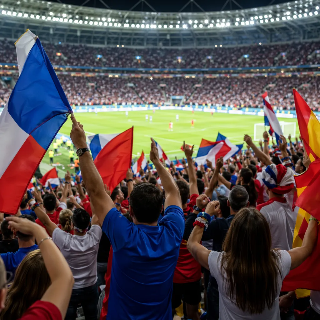 Crowded football stadium interior with cheering fans holding generic national fl