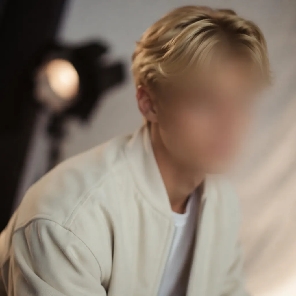 Close up of a blurred blonde football player wearing a casual light-colored jack