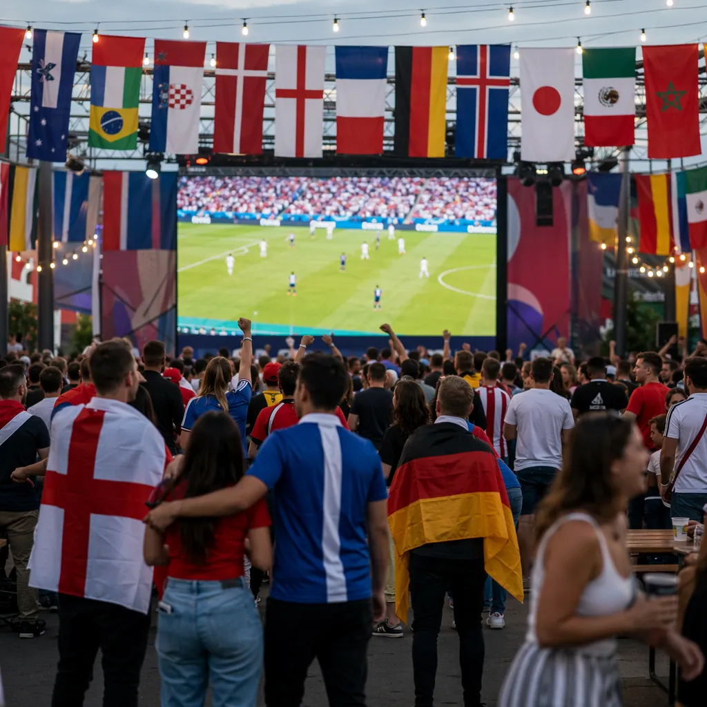 Wide shot of a World Cup fan zone with multiple national flags hanging, large ou