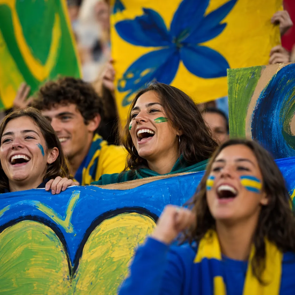 Close up of colorful hand-painted fan signs and banners in a stadium stand, fans