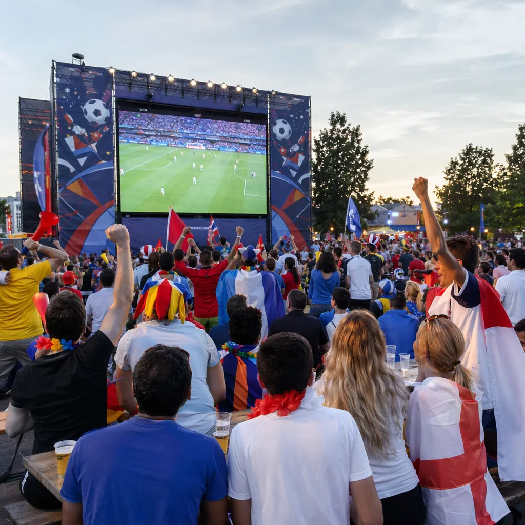 Wide shot of a public World Cup viewing event, groups of people gathered around 