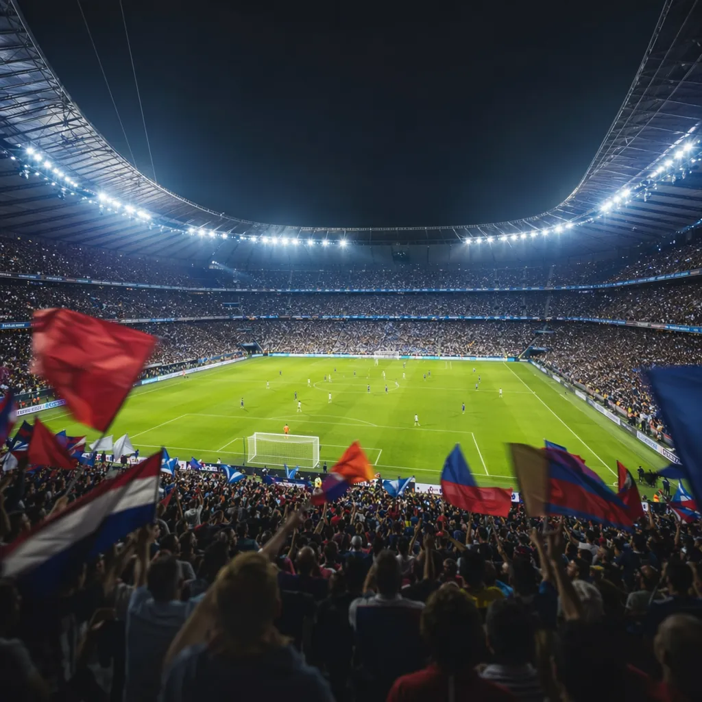 Wide shot of a packed soccer stadium during a match, bright floodlights, blurred
