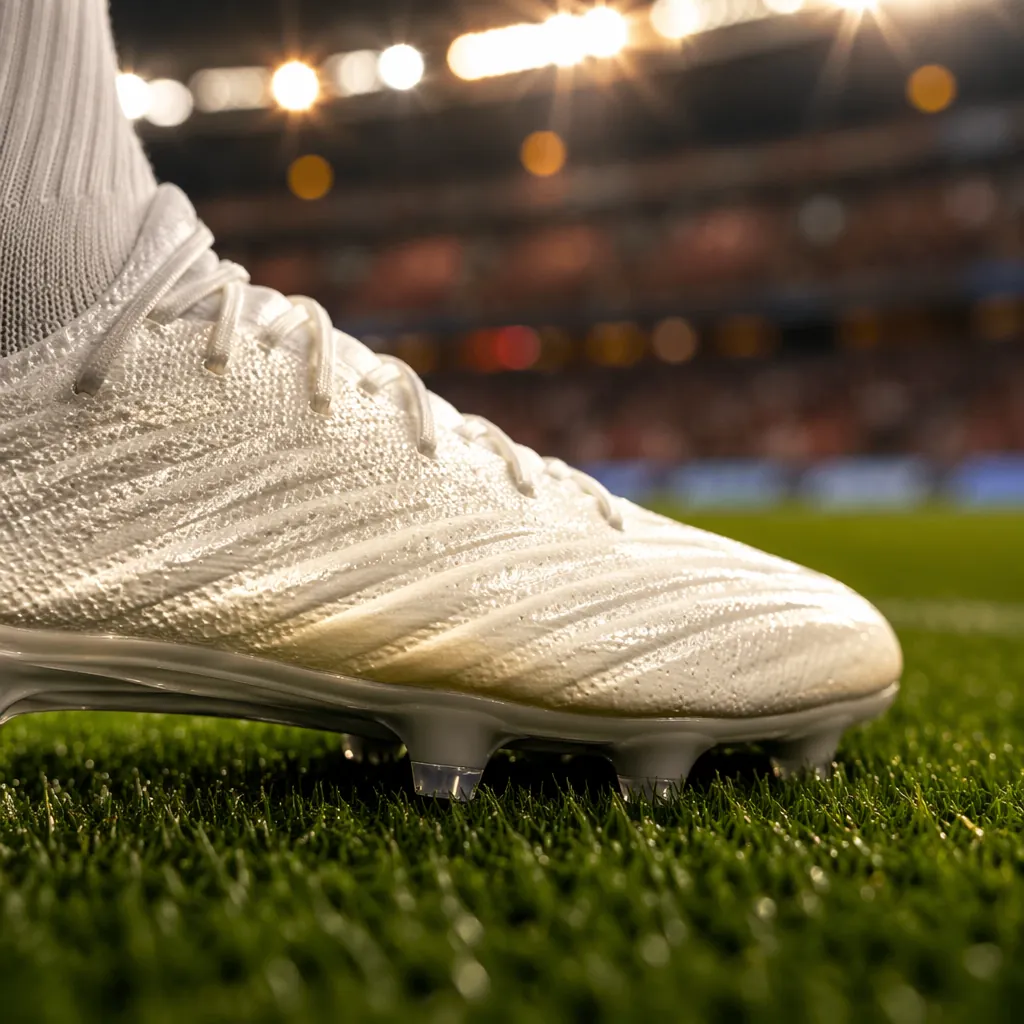 Close up of a football boot resting on green grass of a World Cup pitch, blurred
