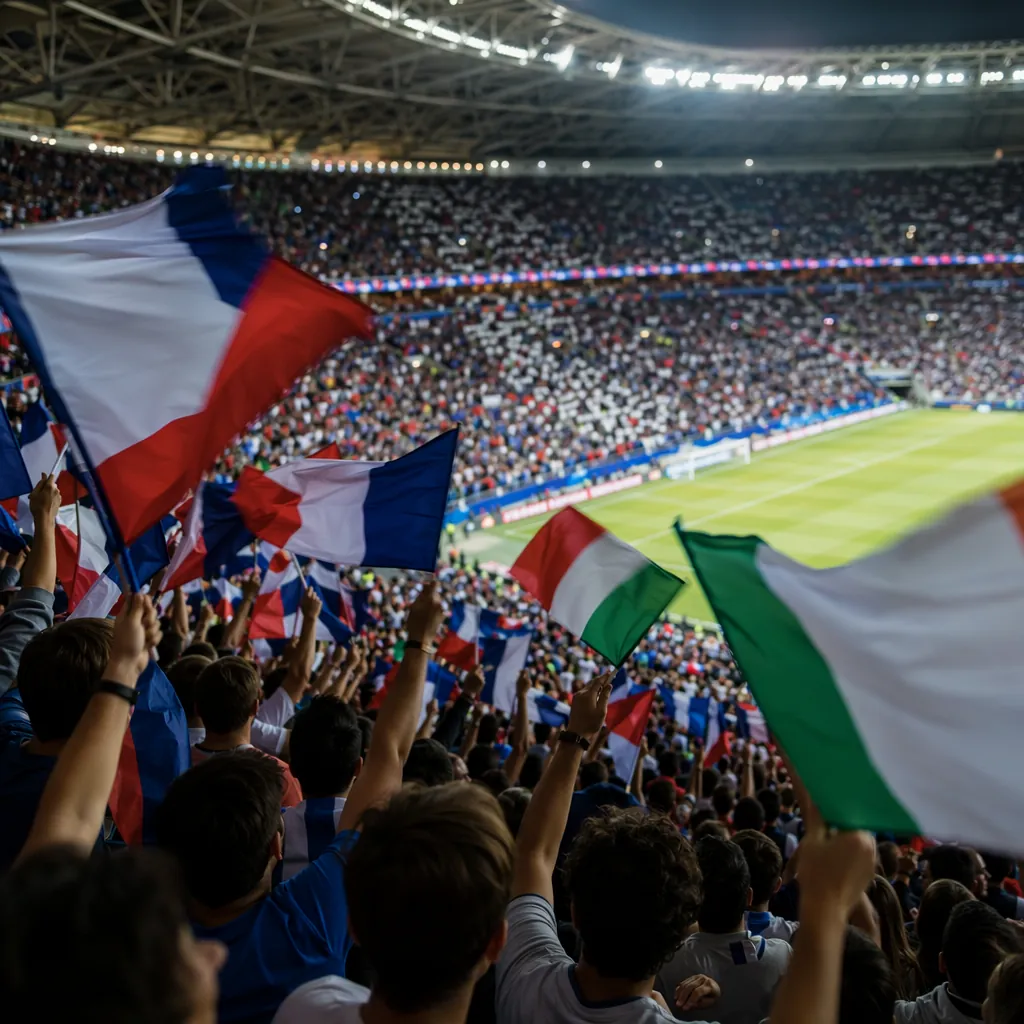 Wide shot of cheering football fans in stadium stands, waving generic national f