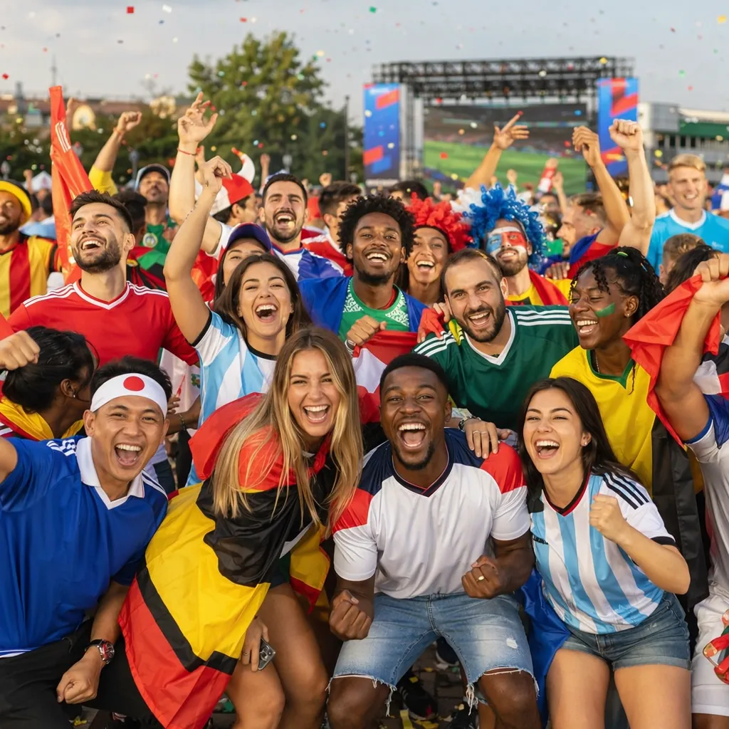 Wide shot of diverse football fans celebrating together in an outdoor fan zone, 