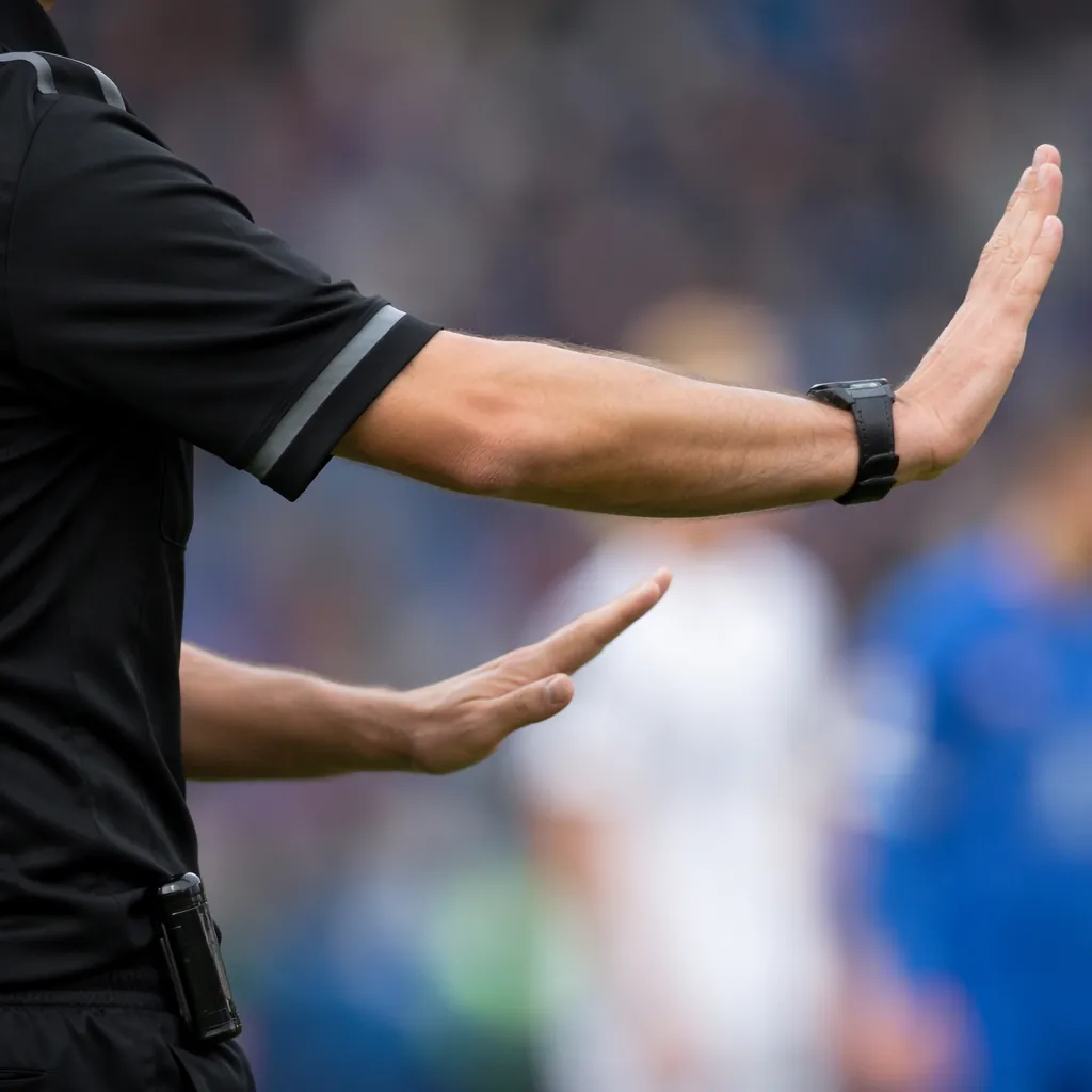 Close-up shot of a soccer referee making a foul call gesture, blurred players in