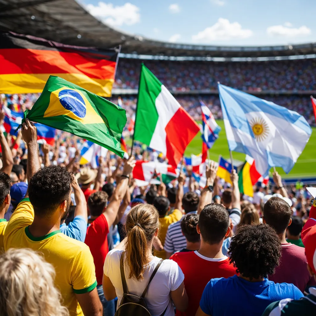 Wide shot of diverse soccer fans in stadium stands waving national flags, cheeri