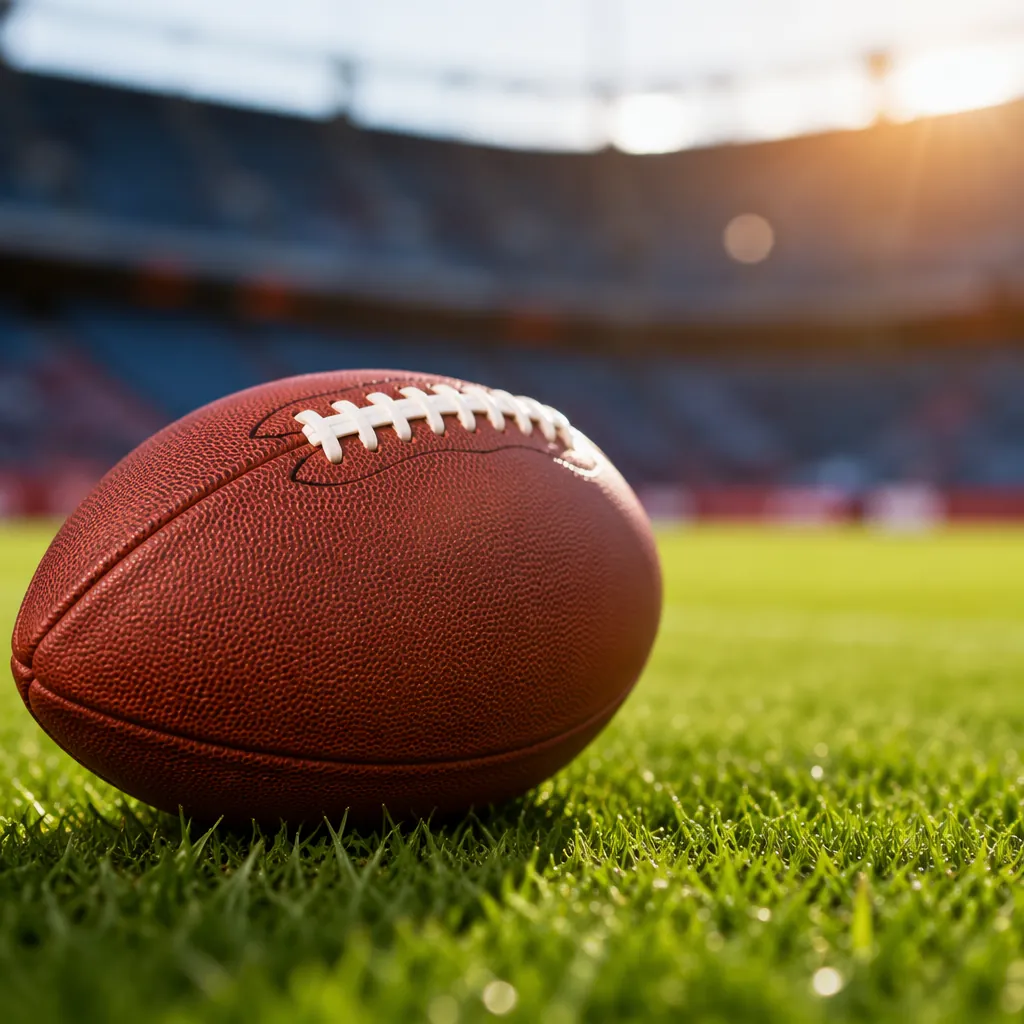 Close-up shot of a generic football resting on green grass pitch, soft sunlight,