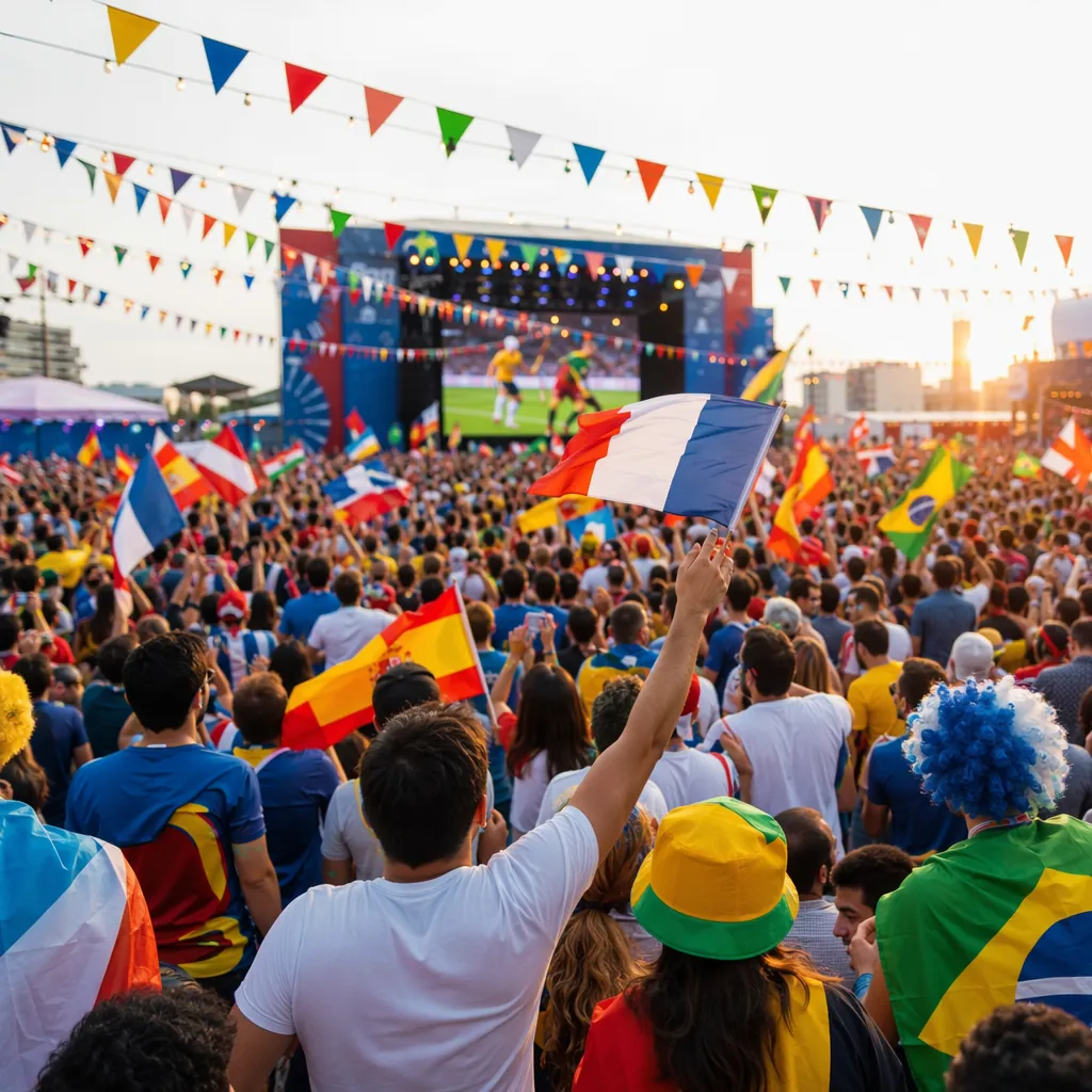 Wide shot of a lively public World Cup fan zone, blurred fans holding generic na