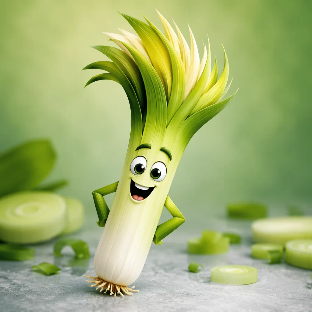 Playful cartoon illustration of a scallion with spiky blonde top, no text or log