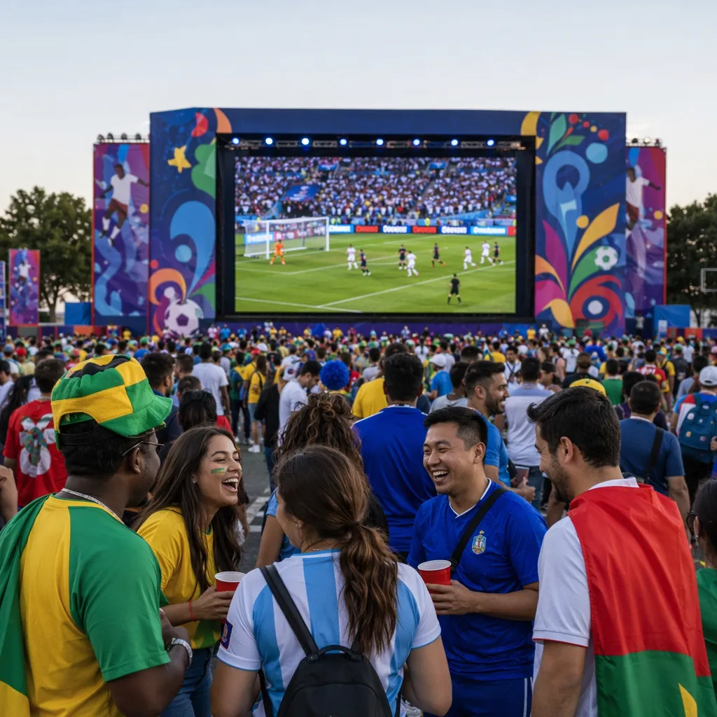 Wide shot of outdoor World Cup fan zone, people laughing and interacting, large 