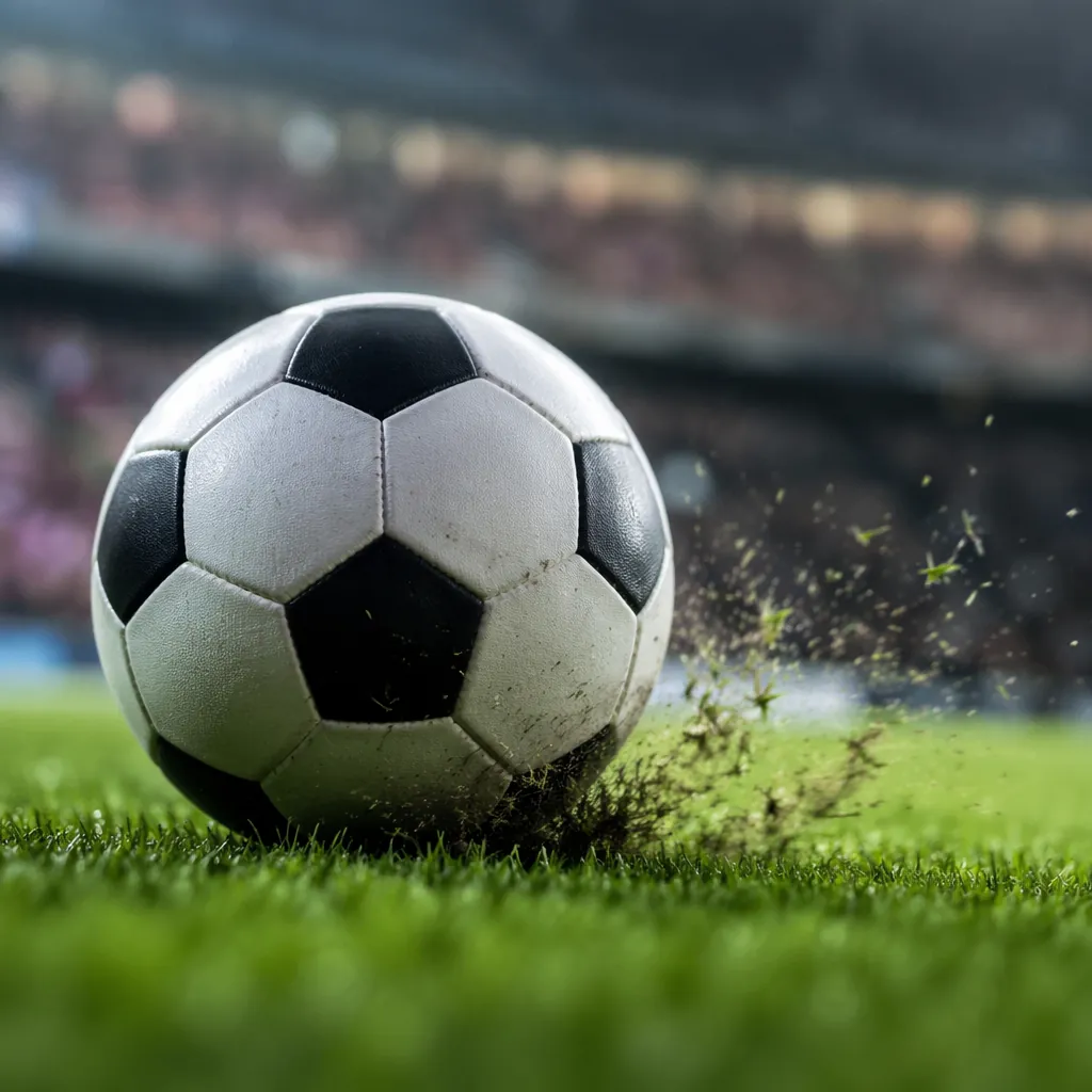 Close up shot of a soccer ball being kicked on well-maintained green grass, blur