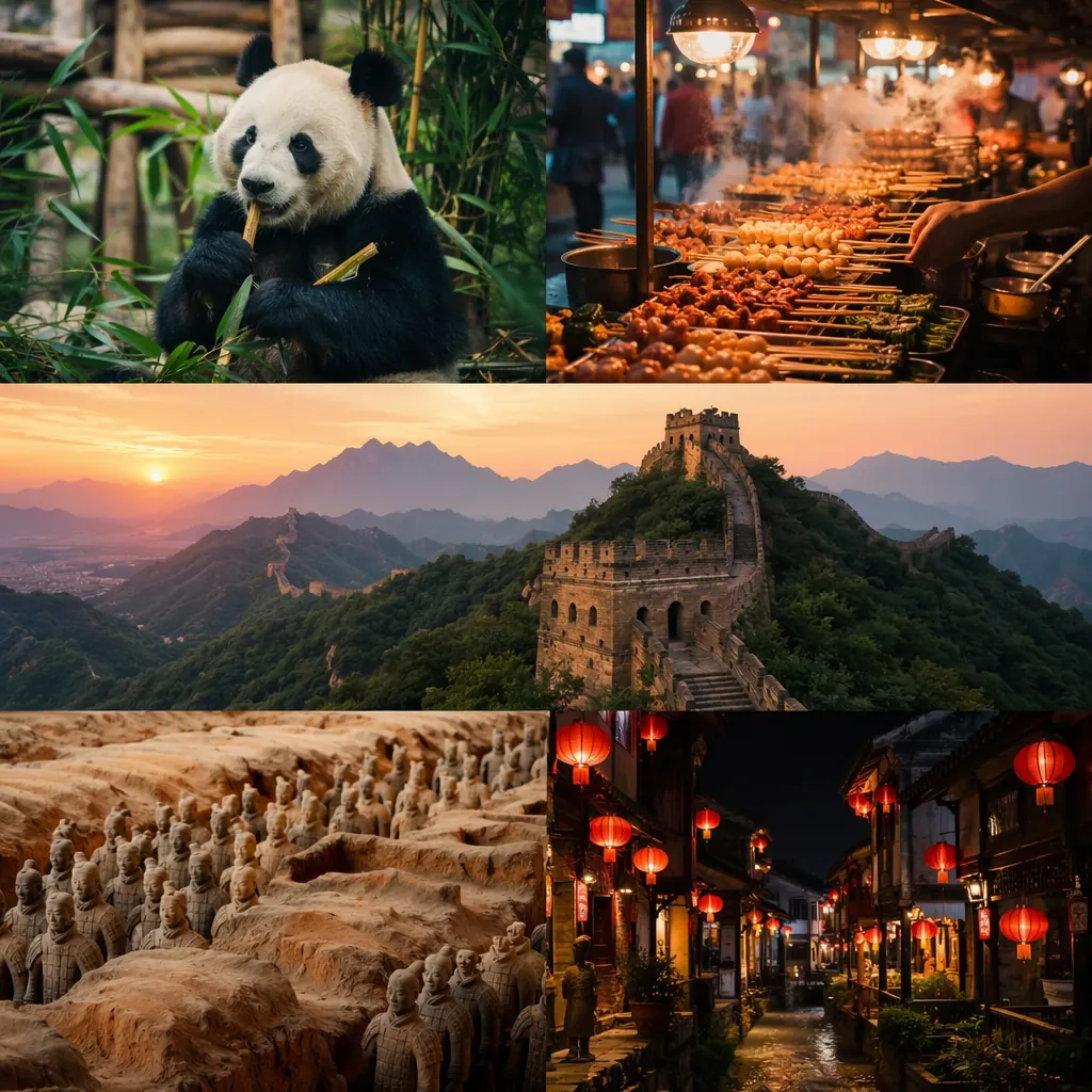Collage of iconic Chinese travel experiences: giant panda in a sanctuary, tradit