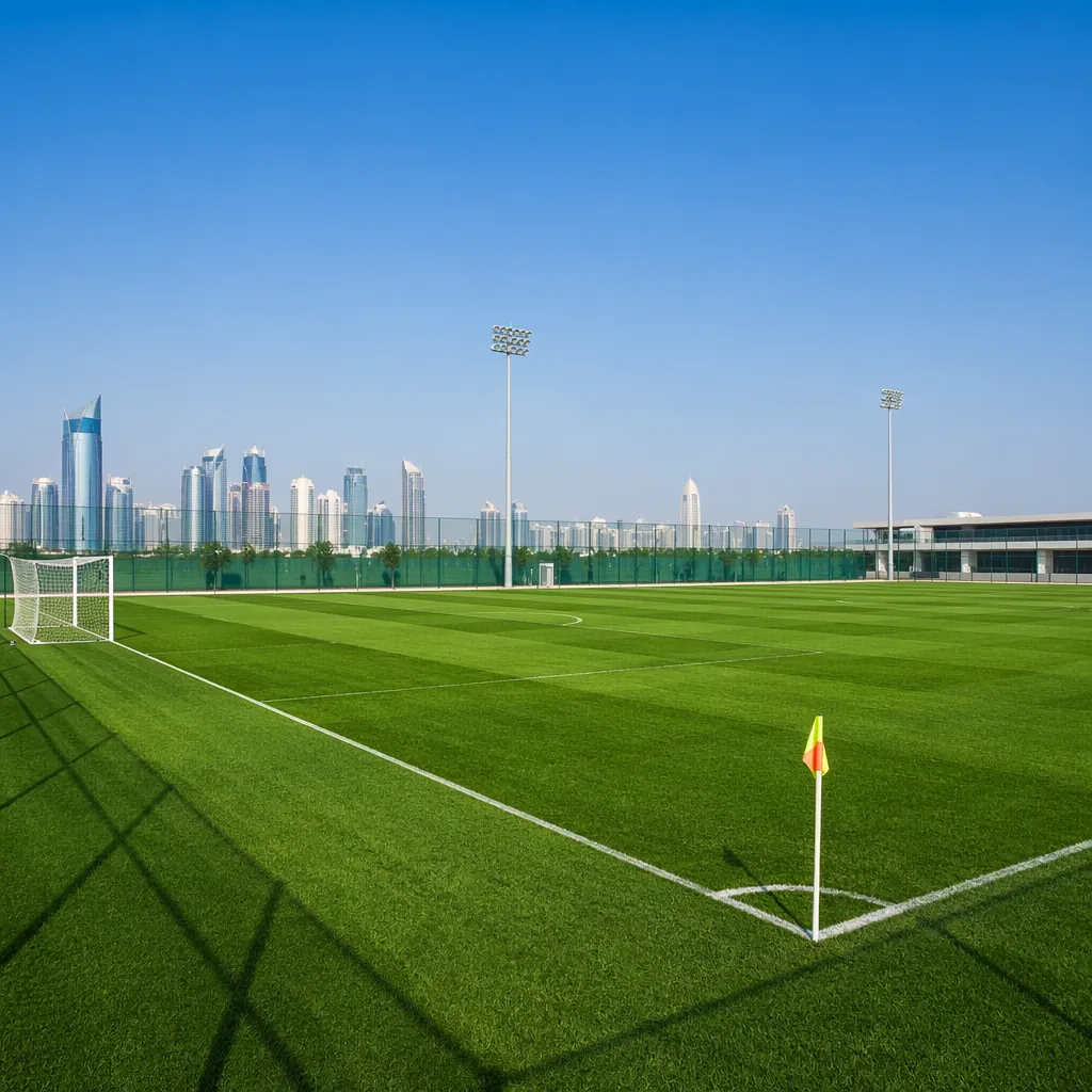 Empty professional football training pitch at a World Cup host city, blue sky ab