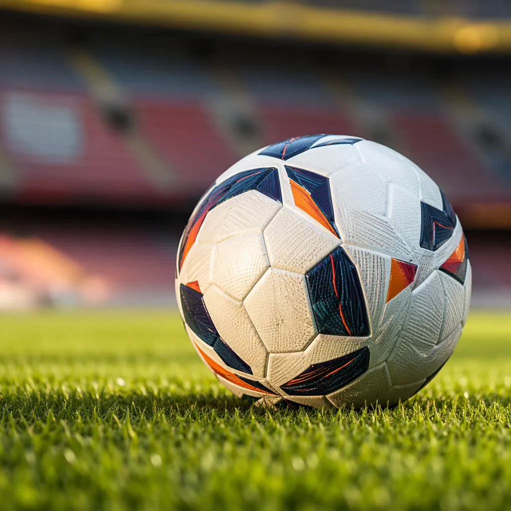 Close up of a generic professional football match ball on green grass pitch, wit