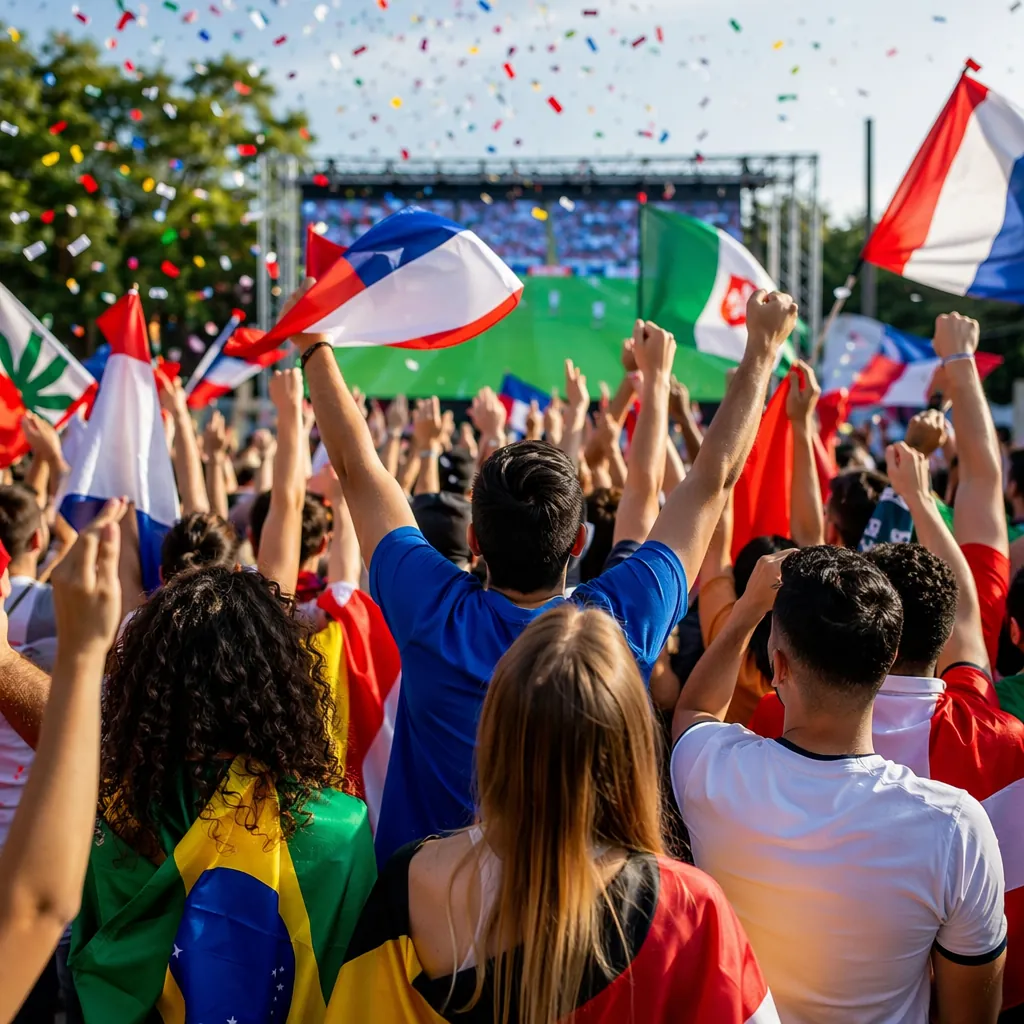 Wide shot of a group of generic football fans celebrating in a public viewing ar
