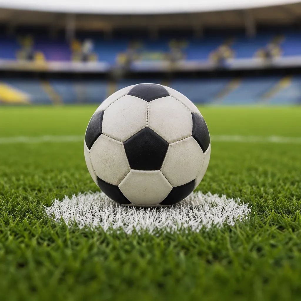 Close up of a standard football placed on white penalty spot, green grass pitch,