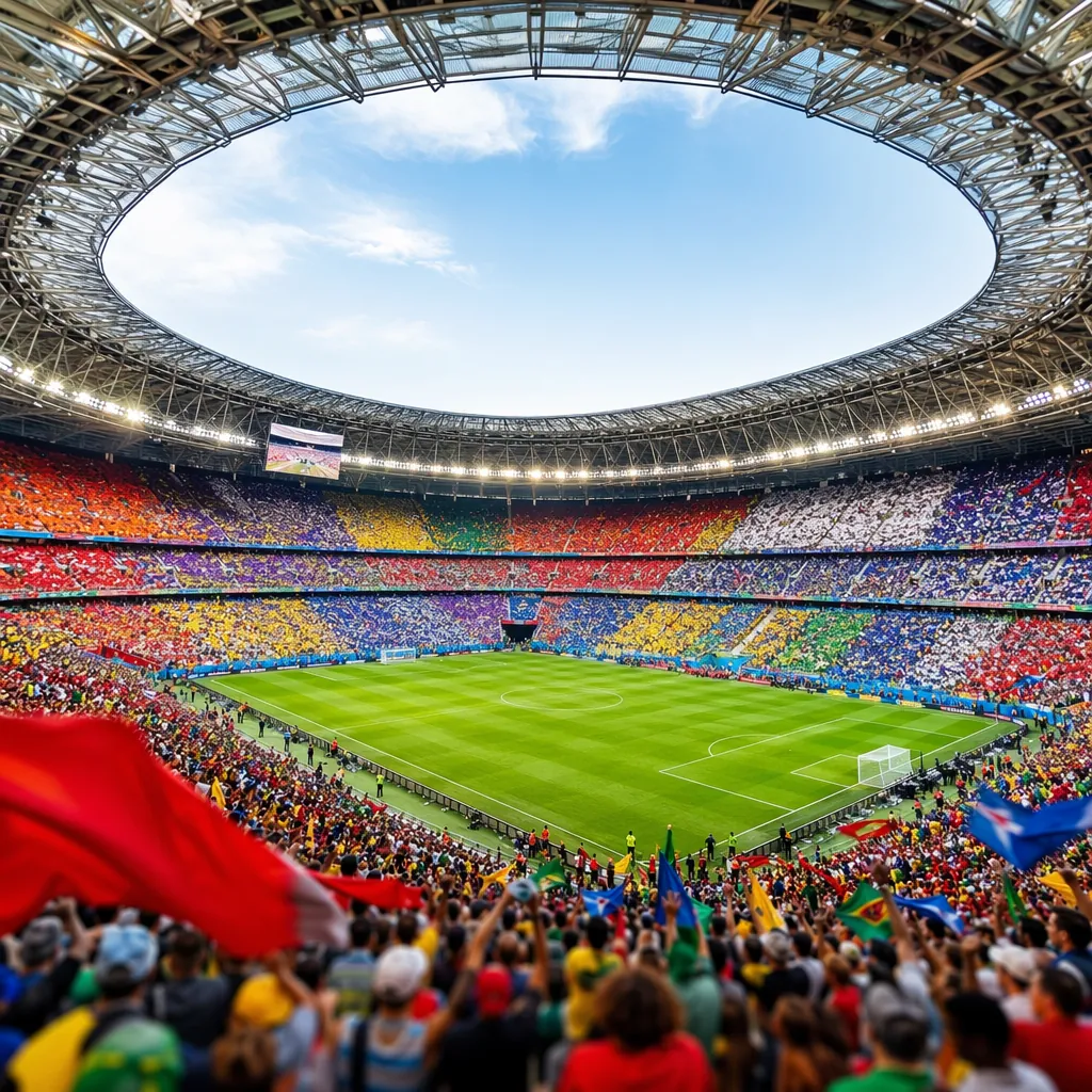Wide shot of world cup stadium interior, vibrant colored fan sections in stands,
