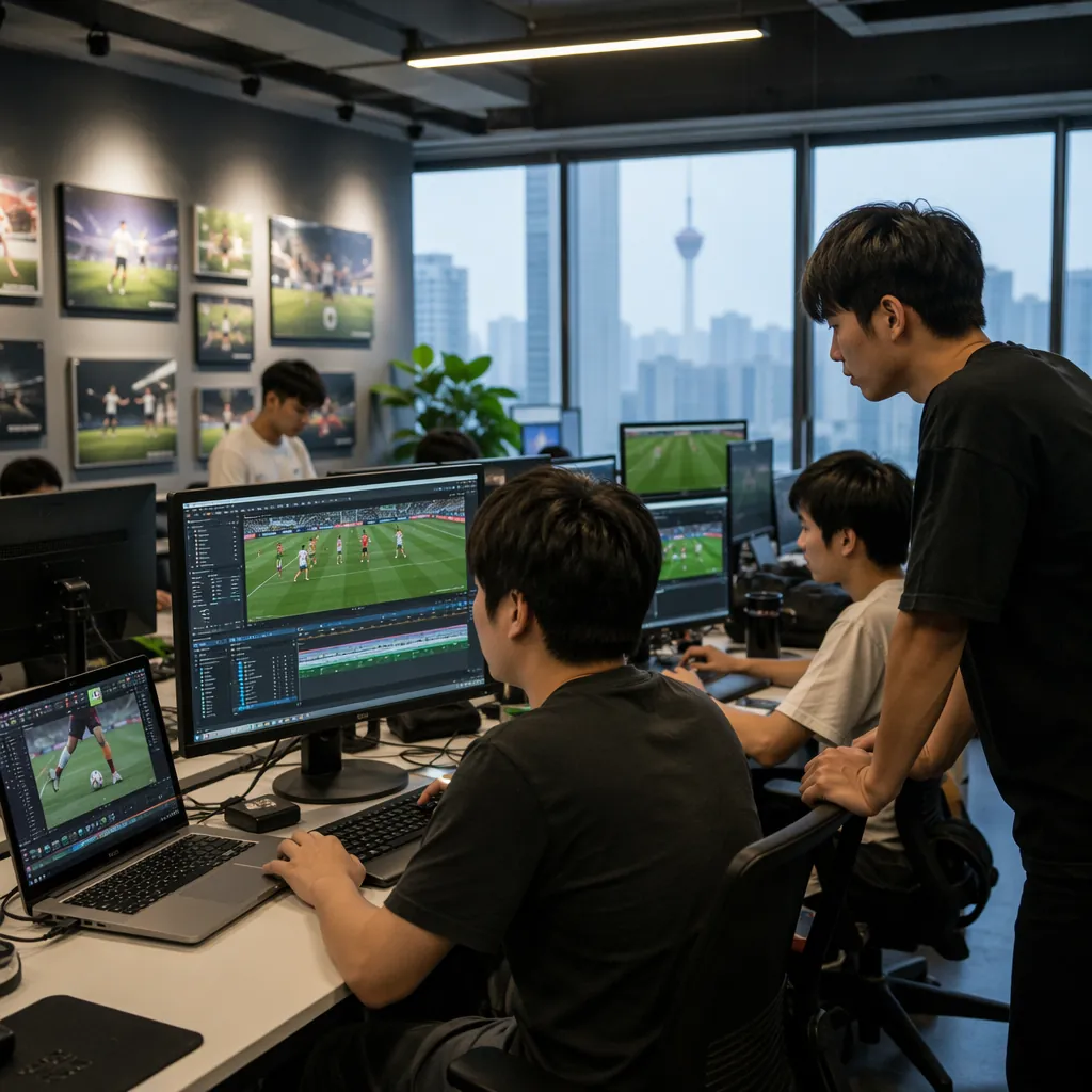 A group of young Chinese content creators editing football short videos in a mod