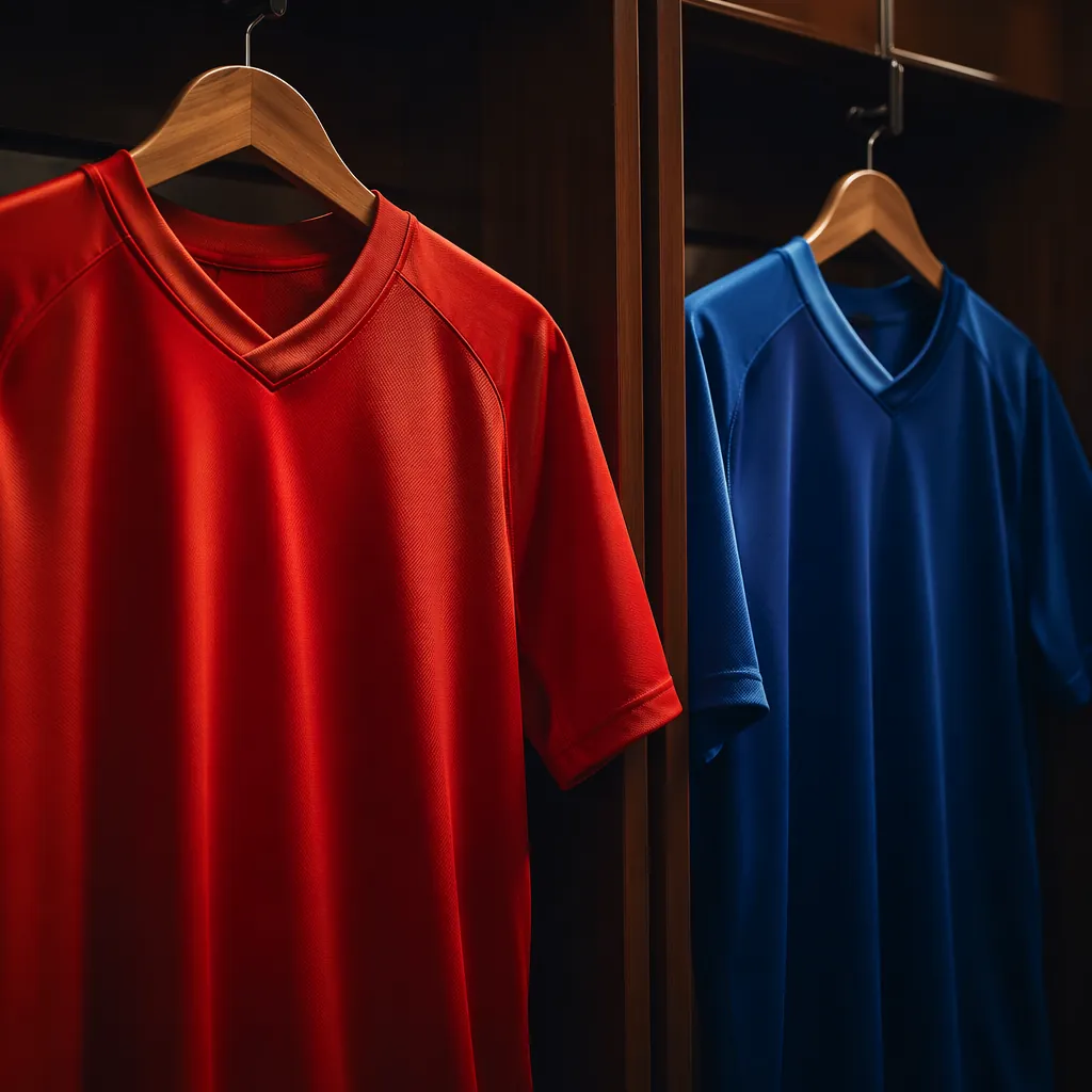 Close-up of two plain football jerseys hanging side by side in a locker room, so