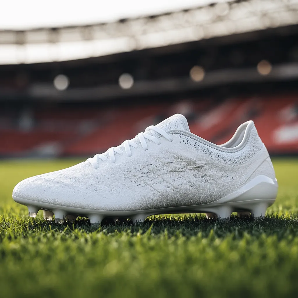 A close-up shot of a football boot resting on green grass, with blurred stadium 