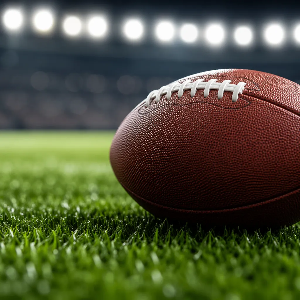 Close up of a football on a well-maintained green pitch, soft stadium lighting i