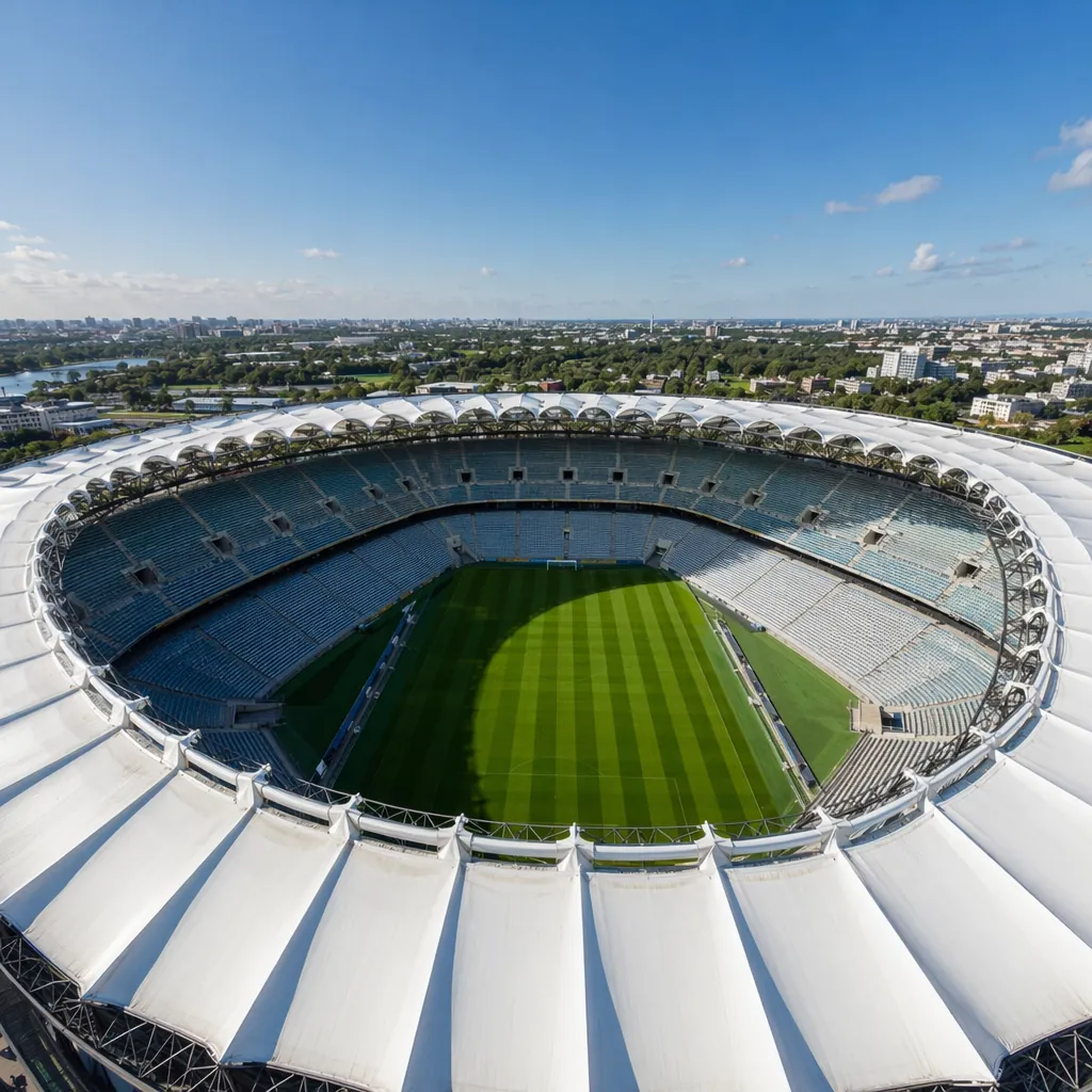 Aerial shot of a modern World Cup stadium with blue sky above, empty seats visib