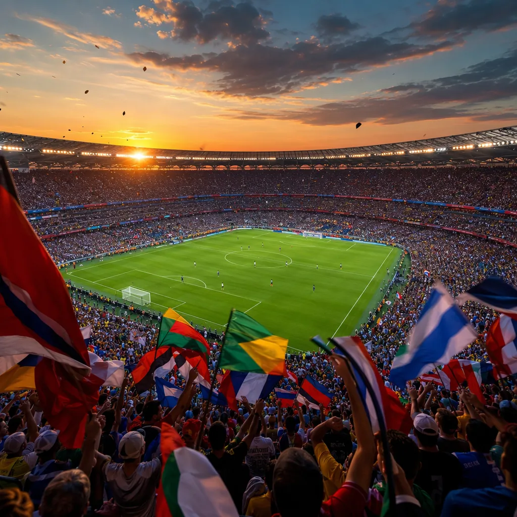 Wide shot of a packed World Cup stadium at dusk, colorful fan flags waving, sun 