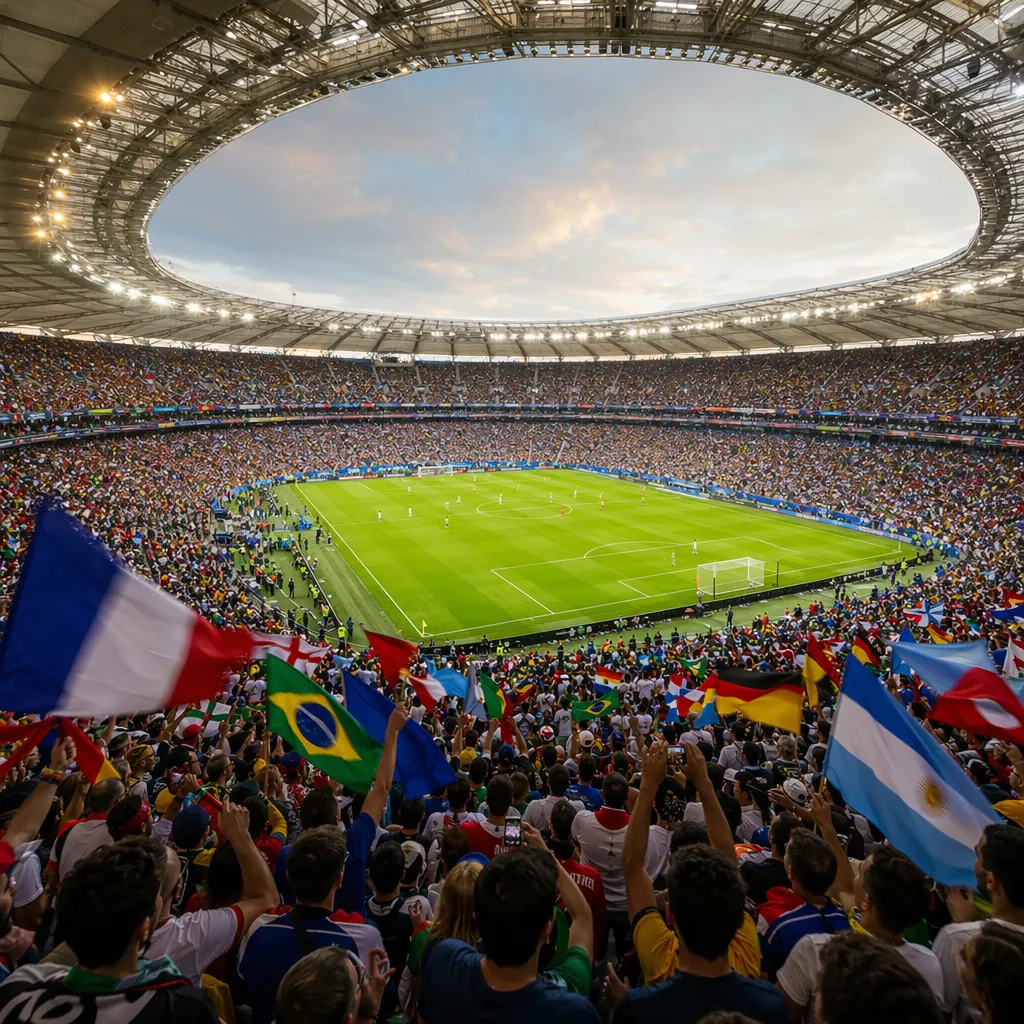 Wide shot of a packed World Cup stadium during a match, fans waving generic nati