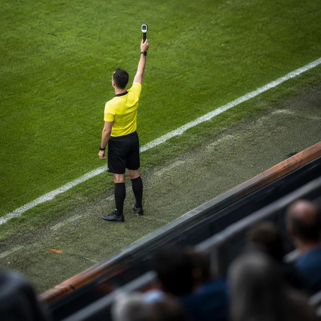 High angle shot of a soccer referee holding a temperature gauge on the sideline 