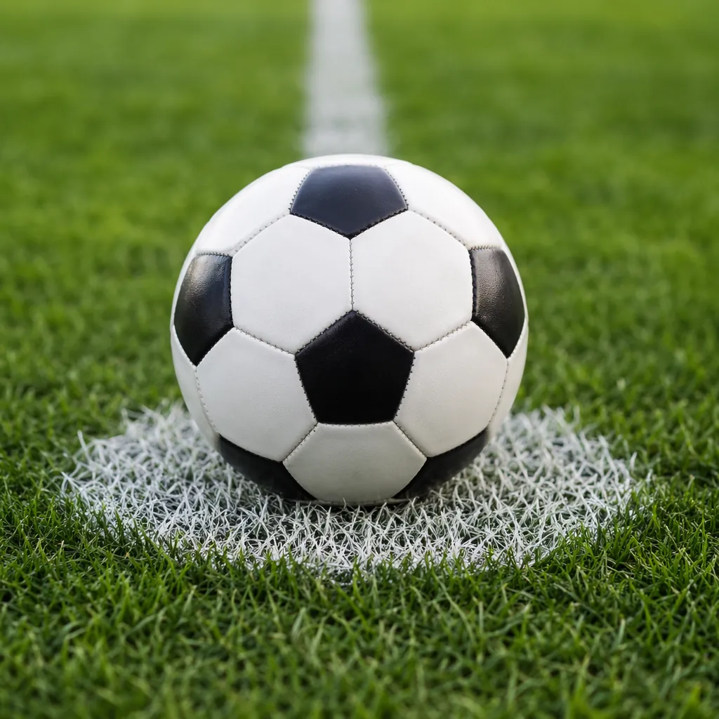 Close up of a standard football match ball placed on the center spot of a green 