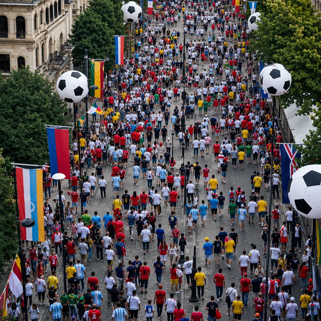 Aerial shot of a bustling city street with football themed decorations, crowds o
