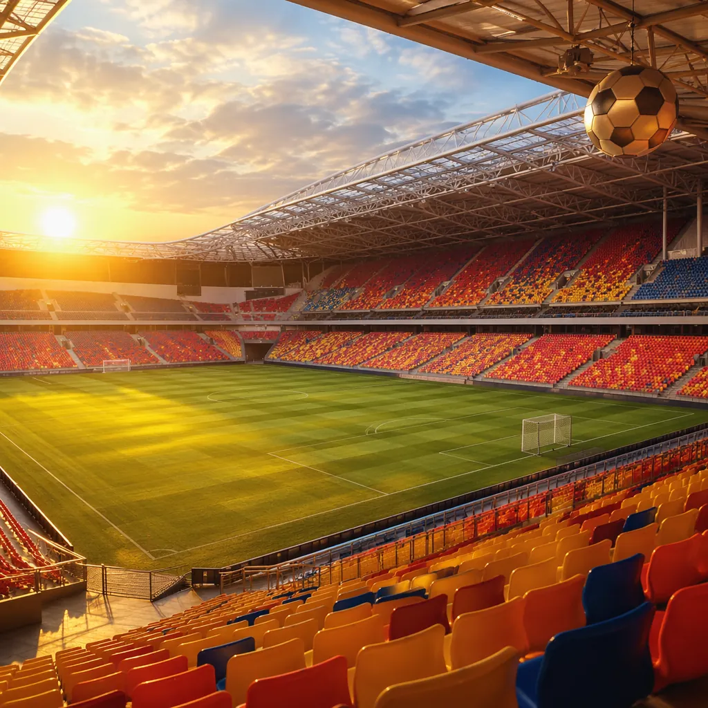 Modern football stadium interior with empty colorful seats, subtle football them