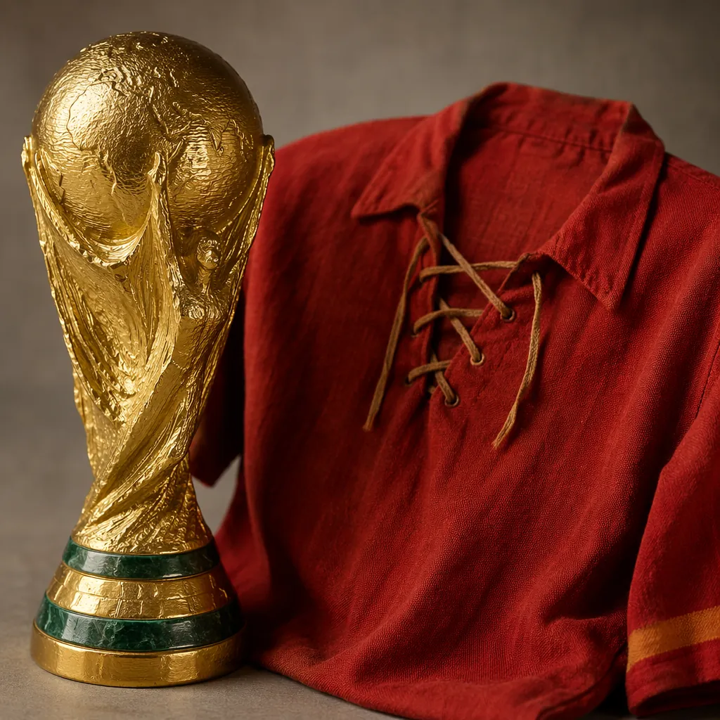 Close up of a golden World Cup trophy replica placed next to a vintage red Spani