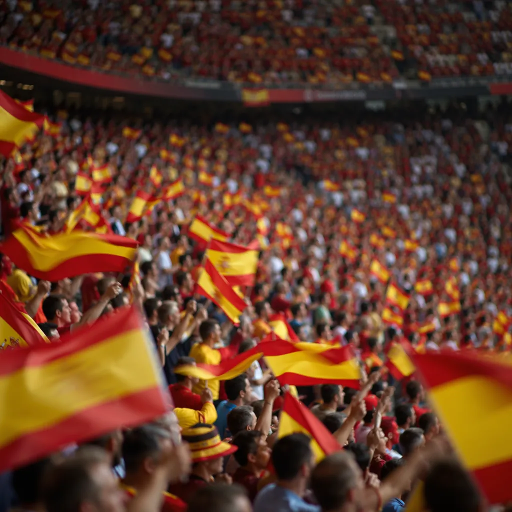 Wide shot of blurred football fans waving red and yellow Spanish flags in a stad