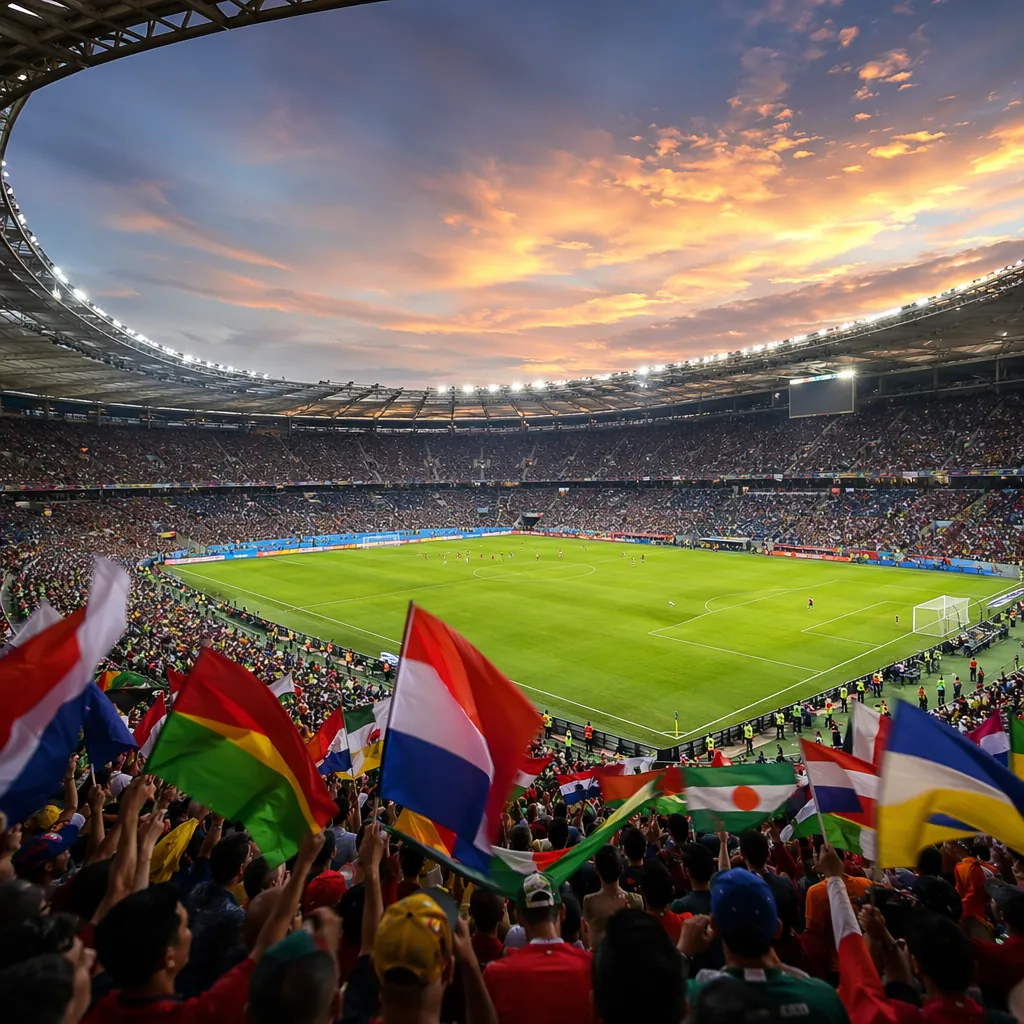 Wide shot of a modern world cup football stadium at dusk, colorful national flag
