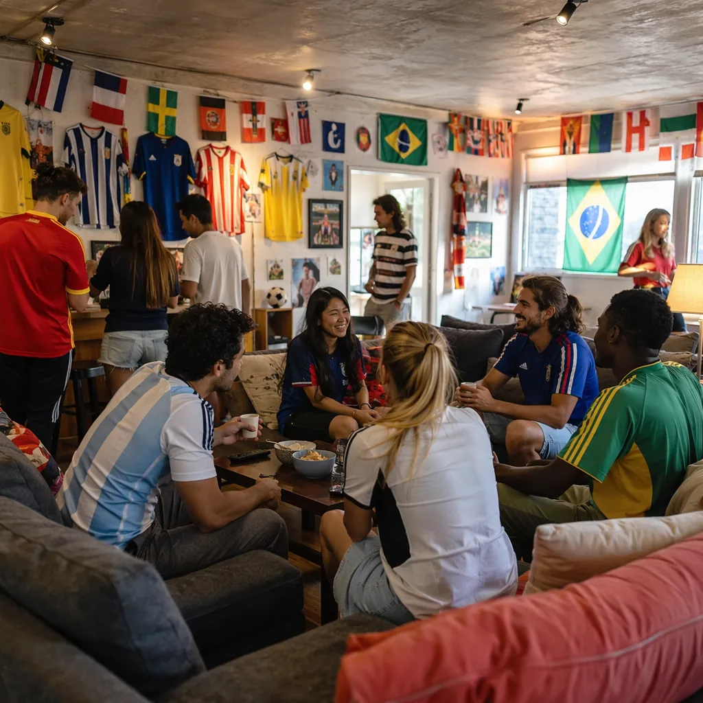 Wide shot of a casual fan hostel common room, with diverse football fans from di