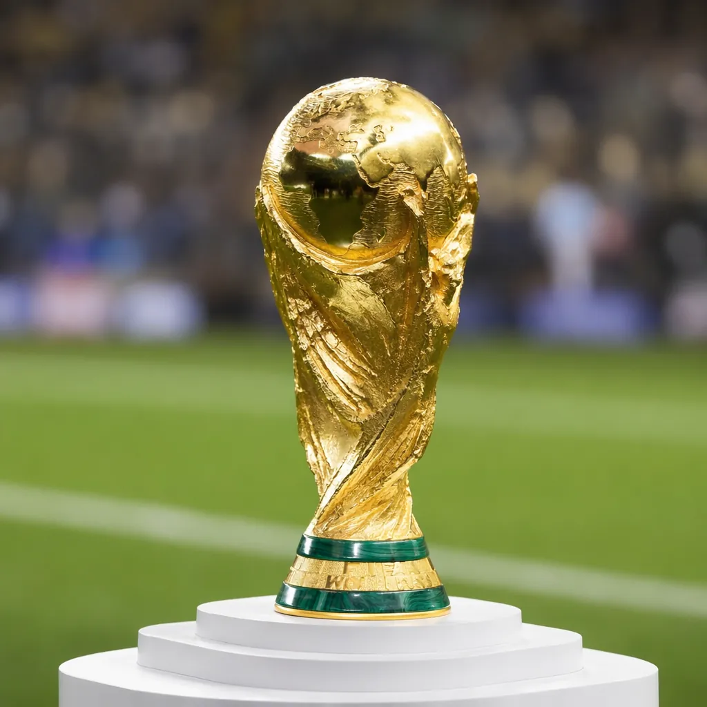 FIFA World Cup trophy display with blurred green football field background, soft
