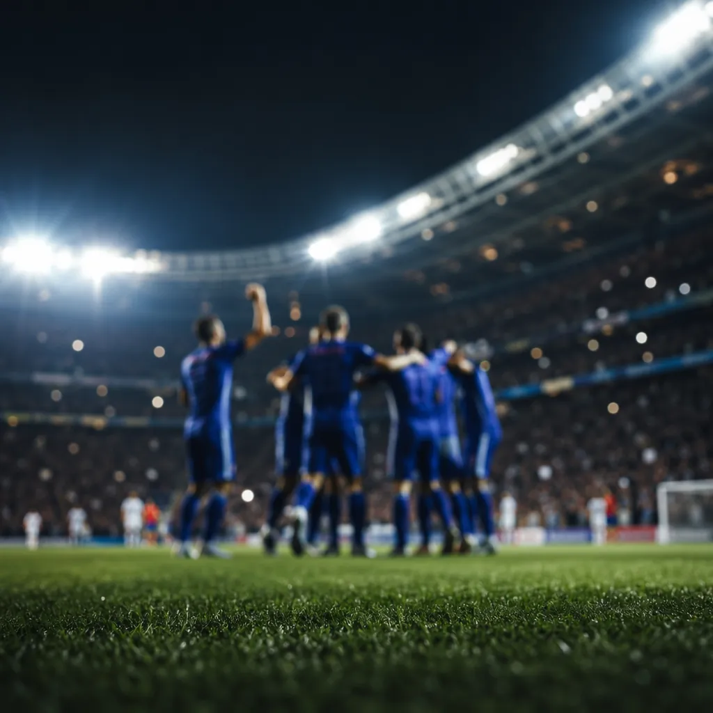 Wide shot of football players celebrating a goal from a distance, blurred figure