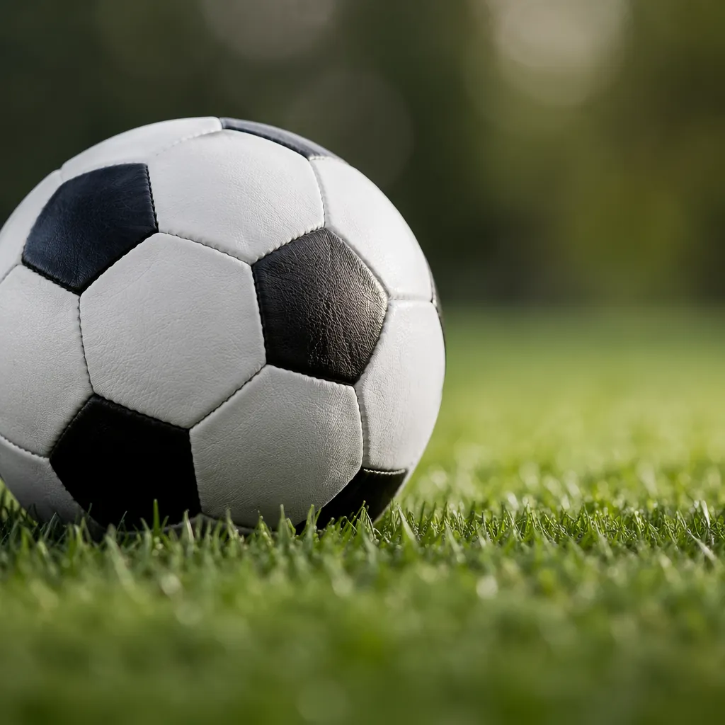 Close up of generic black and white football on green grass, soft bokeh backgrou