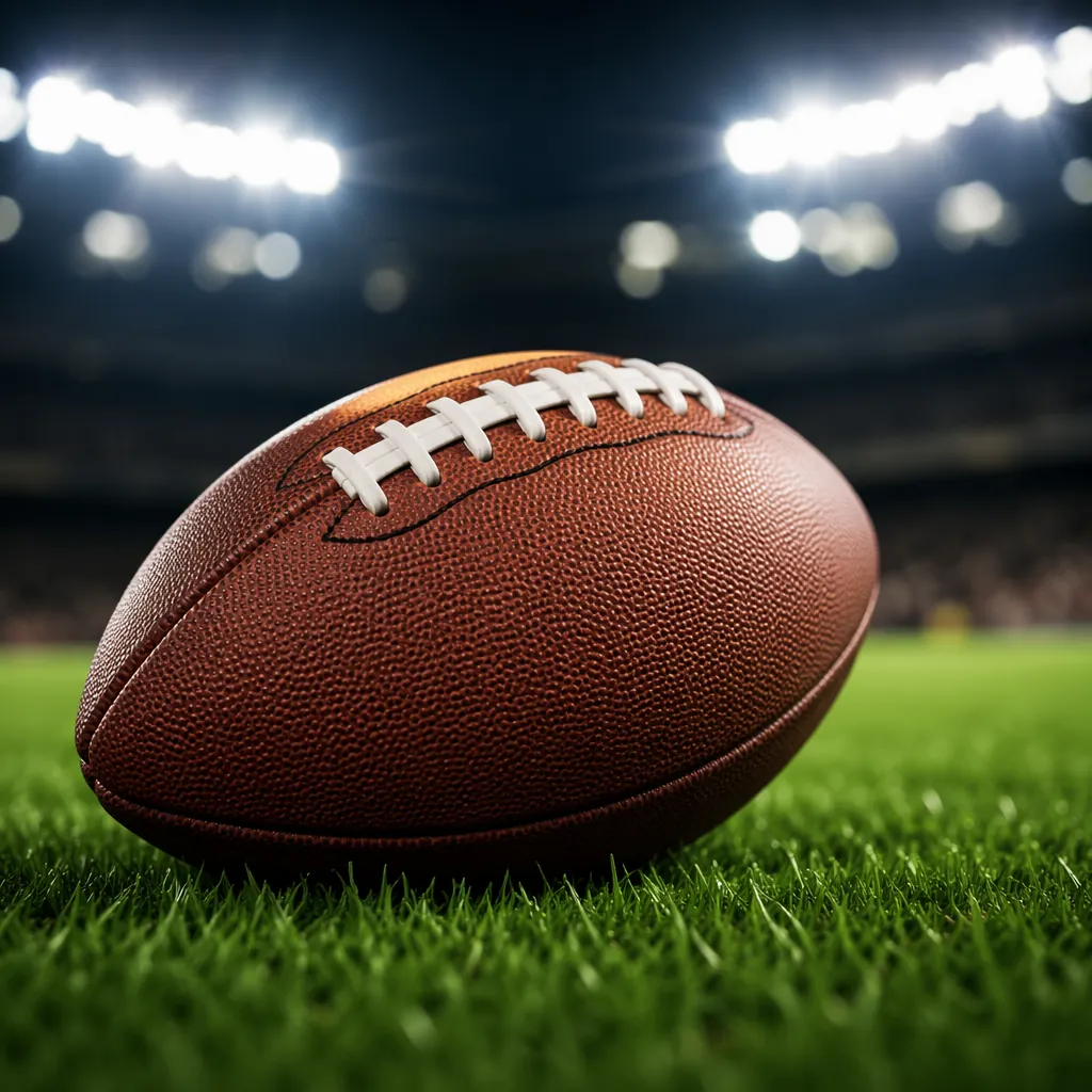 Close up shot of a generic football on a well-maintained green pitch, stadium li