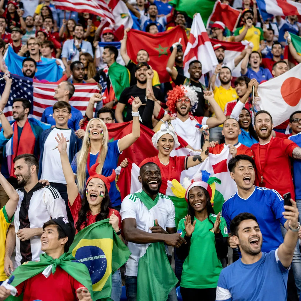 Wide shot of diverse international football fans cheering in a stadium, holding 