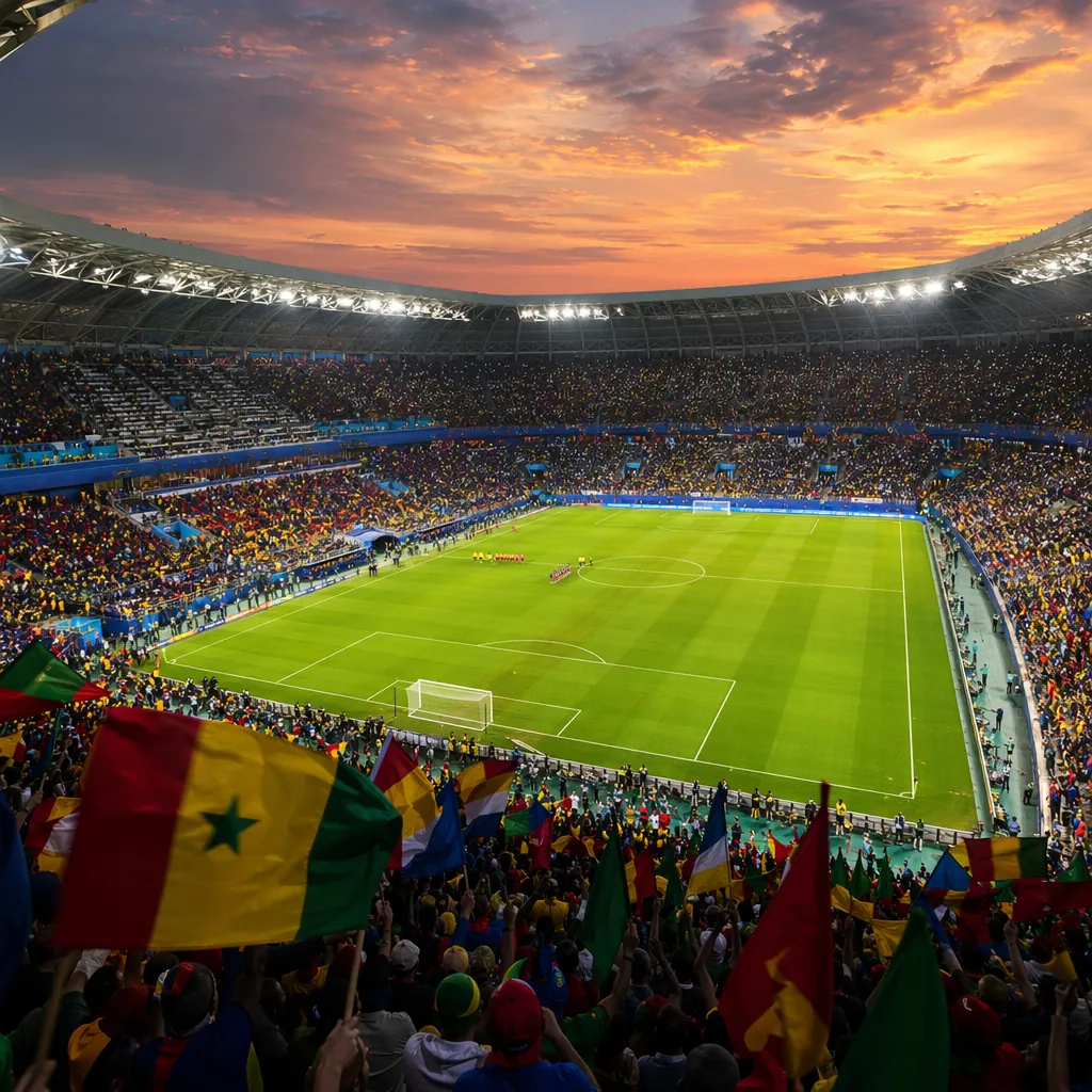Wide shot of a modern FIFA World Cup stadium at dusk, colorful fan flags waving 
