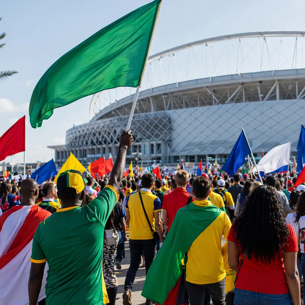 Generic international football fans holding unbranded flags gathering outside a 